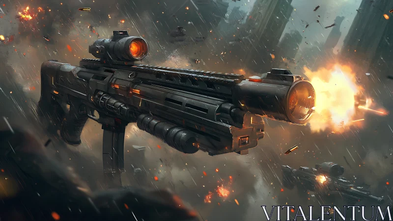 Futuristic battle rifle blazes through a dramatic stormy sky