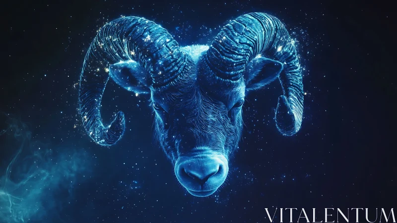 Celestial ram head in luminous blue digital rendering.
