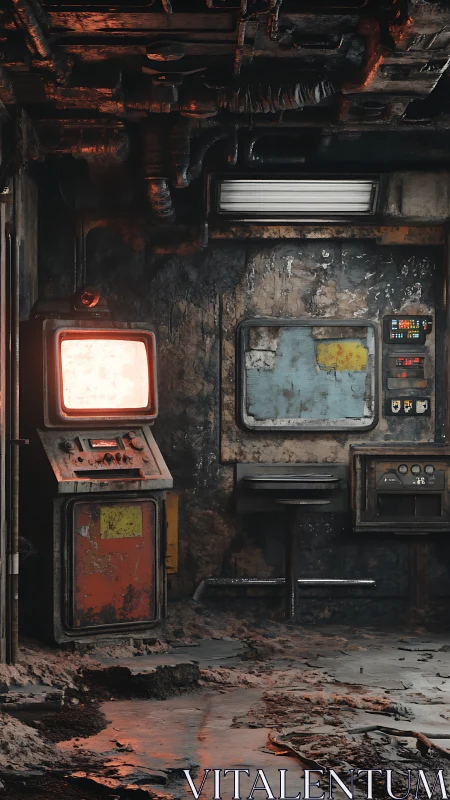 Decayed cyberpunk control room with glowing retro monitor.