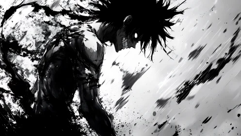 Shadow-drenched humanoid erupts through violent monochrome storm