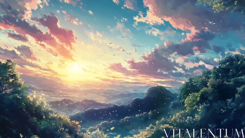 Sunrise spills over misty valleys beneath painted clouds