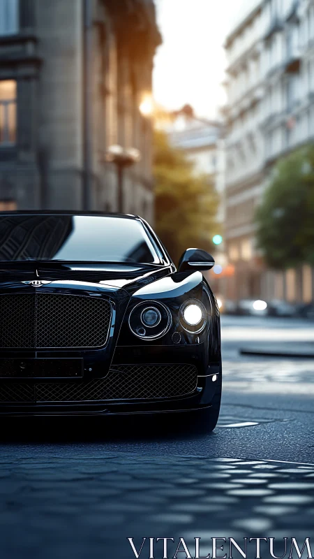 Photorealistic frontal luxury sedan on urban cobblestone street.