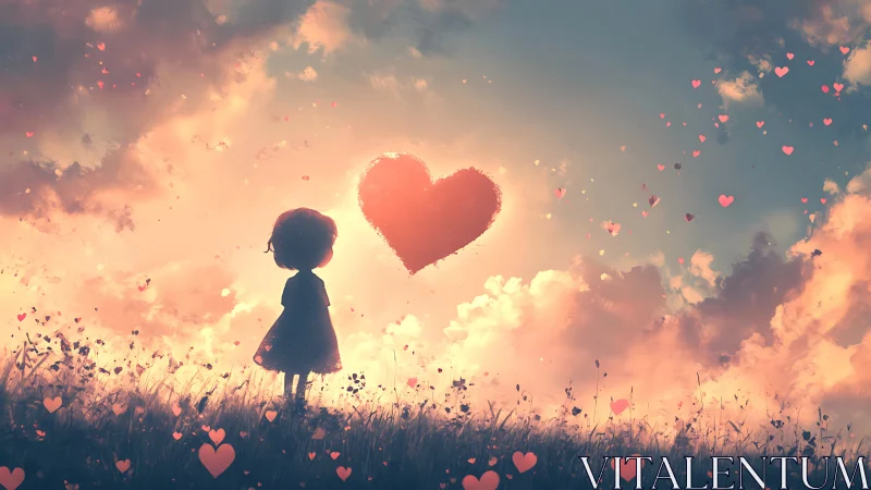 Child Reaching for Giant Heart in Golden Sky.