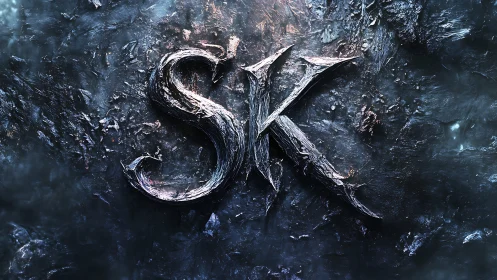 Textured metallic SK monogram on fractured ice background.