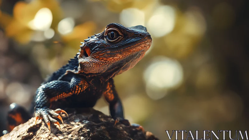 Close-up profile of small lizard on rock in soft light.