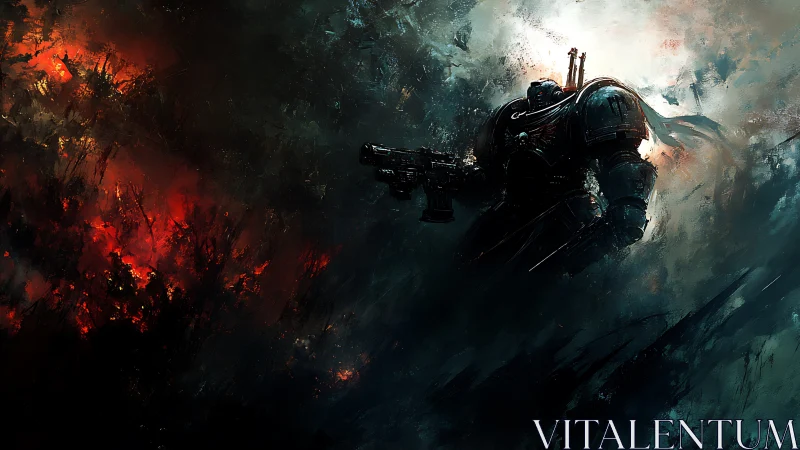 Armored sci fi soldier advancing through burning chaos.