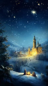 Star-lit winter townscape with illuminated church and figures