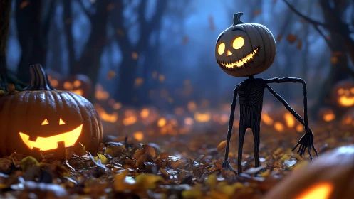Luminescent pumpkin-headed figure in nocturnal forest tableau.
