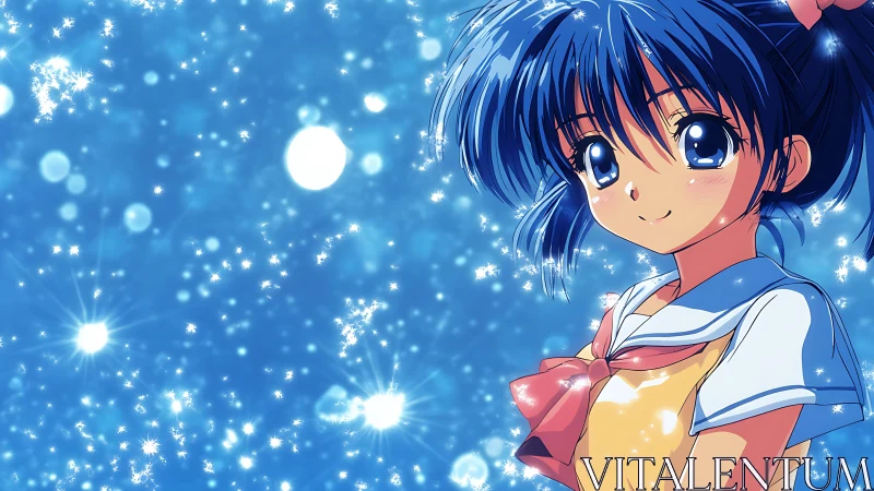 Smiling anime schoolgirl stands before glowing blue bokeh field
