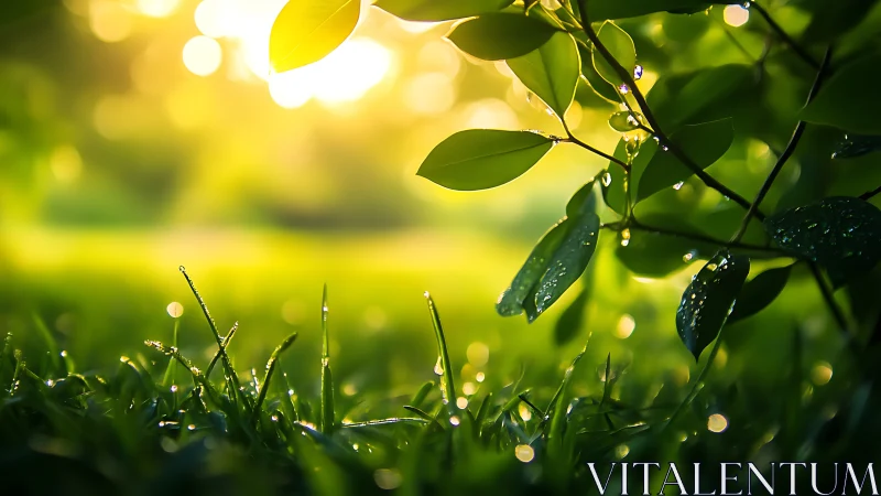 Morning light gently kisses fresh leaves and dewy grass