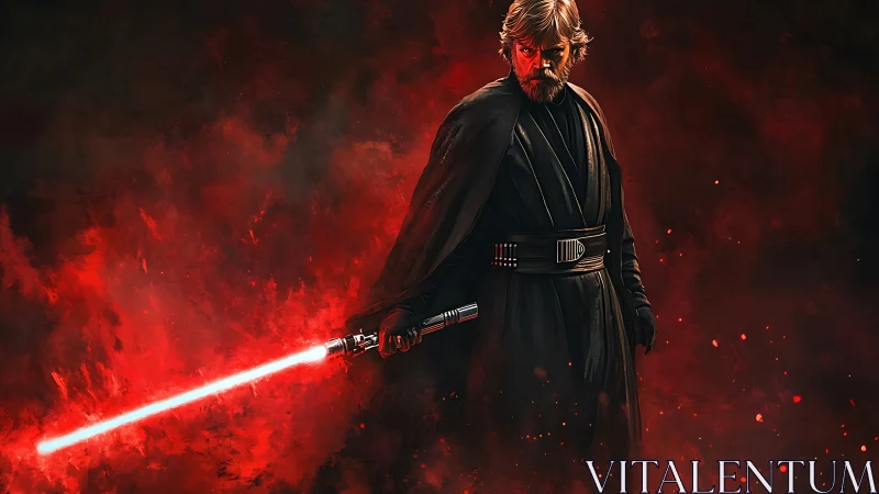 Dark warrior in flowing cloak with glowing red lightsaber.