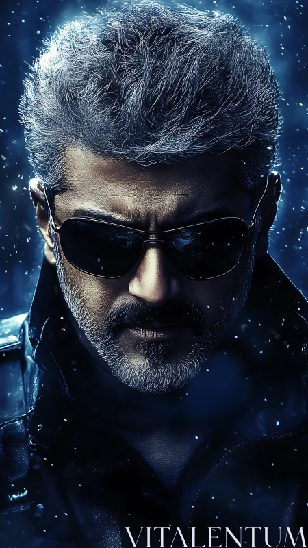 Cool silver haired hero standing strong in swirling night snow.