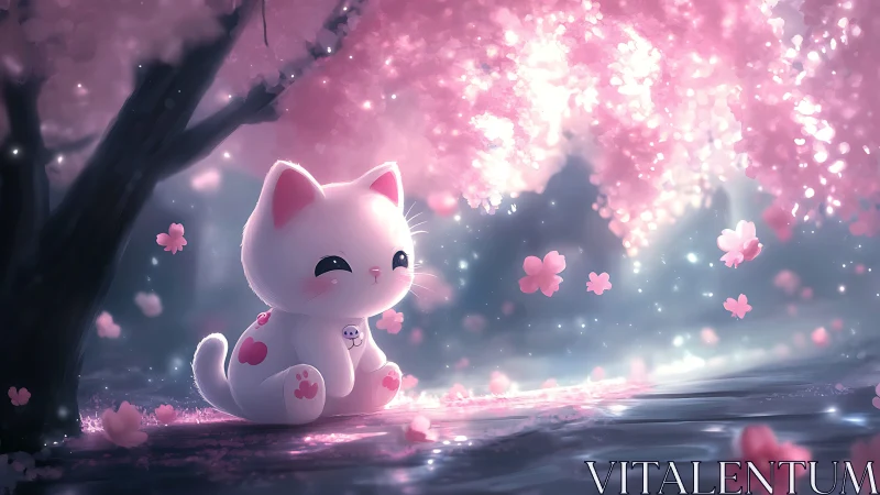 Chibi white cat under glowing pink cherry blossoms dreamscape.