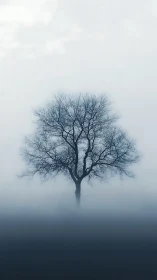 Solitary winter tree emerging through dense morning fog.