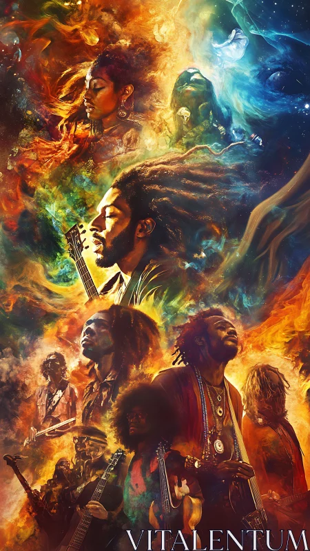 Cosmic reggae fusion portraits in swirling nebulae flames.