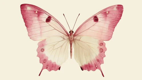 Pink and cream butterfly spreads delicate wings in symmetry.