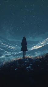 Solitary figure studies cold starlit mountain horizon