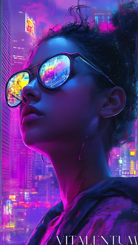 Neon-lit cyberpunk portrait renders reflective city gaze
