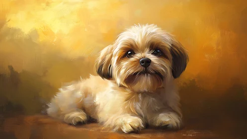 Small fluffy dog portrait on warm golden background.