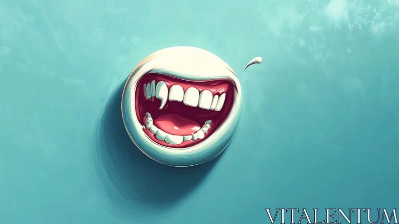 Surreal floating mouth sphere cuts through teal silence.