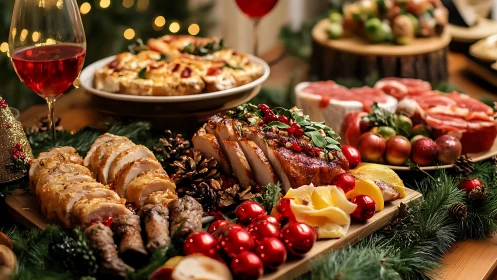 Holiday roast orchestra sings beside sparkling red wine