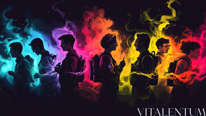 Spectral team lineup with chromatic ectoplasmic energy halos.