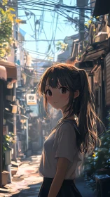Anime alley portrait in backlit urban street composition.