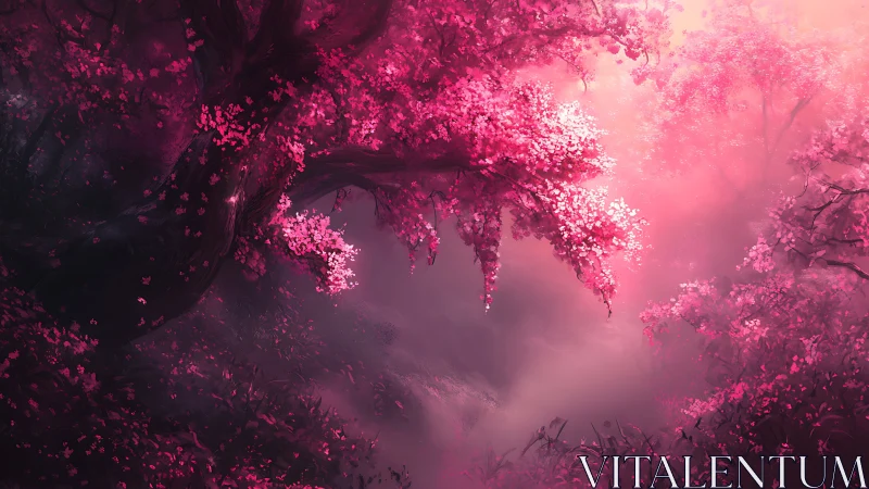 Enchanted cherry grove under luminous magenta haze.
