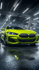 Lime green BMW sports coupe in wet underground tunnel lighting