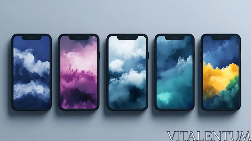 Five modern smartphones display colorful abstract cloud wallpapers