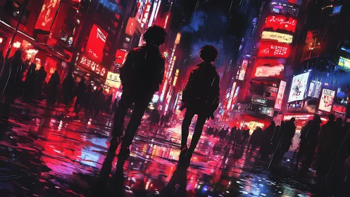Cyberpunk neon street duo in rain-soaked urban canyonscape.