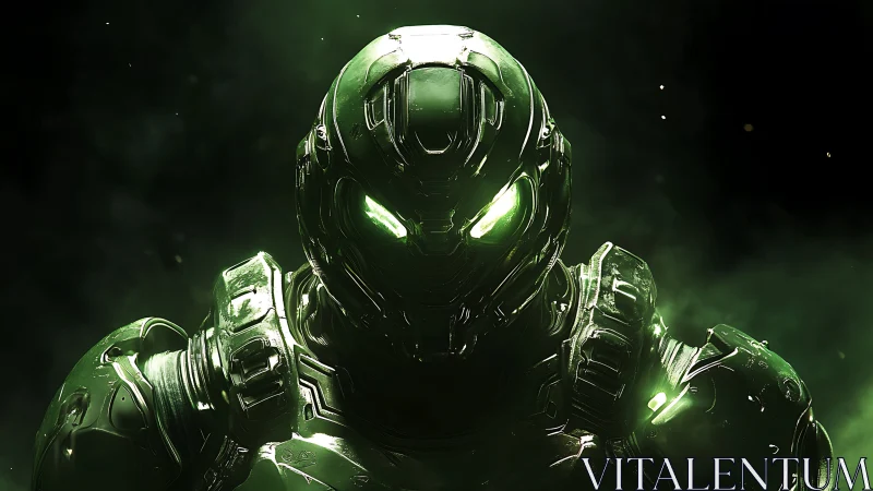 Bioluminescent exosuit sentinel in high-gloss combat armor.