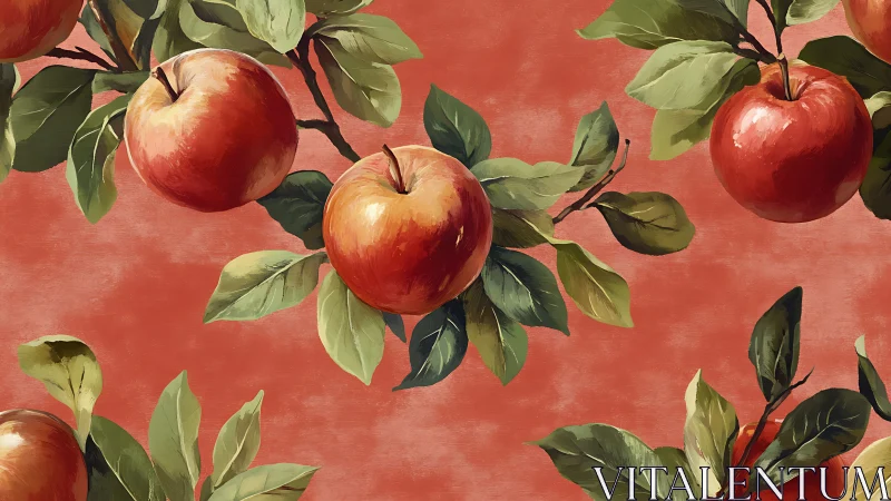 Sun-kissed orchard apples dancing on rustic coral sky.