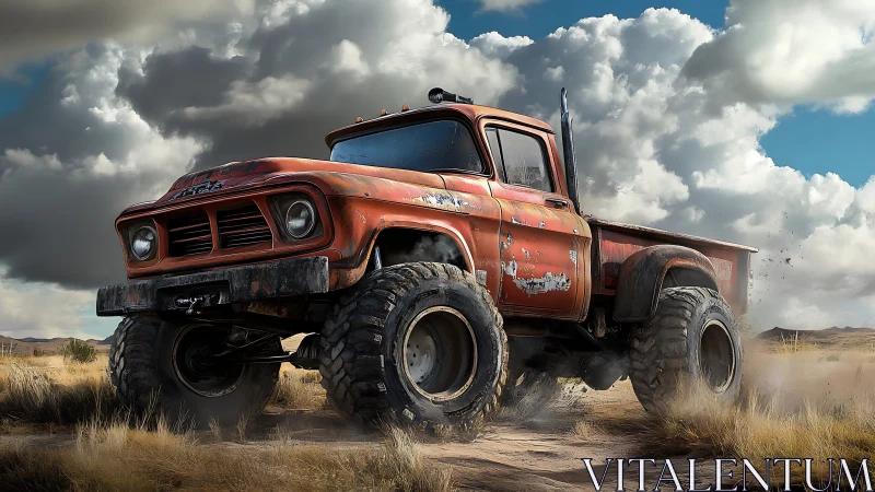 Weathered monster truck roaring across dusty plains.