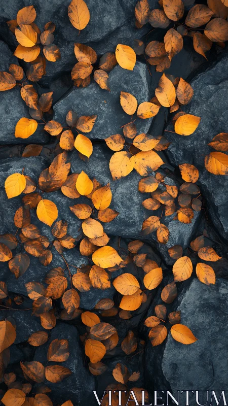 Autumn leaves forming high-contrast pattern on cold wet rocks