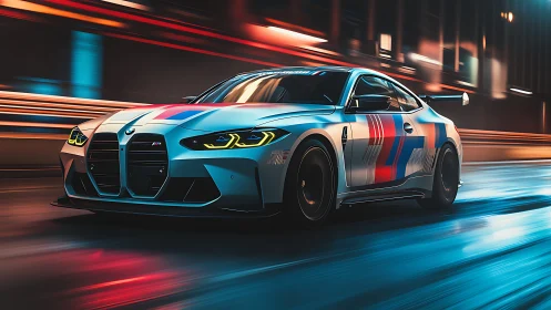 Digital racing coupe in dynamic neon tunnel motion study.