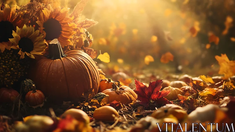 Golden hour pumpkins with sunflowers and drifting leaves.