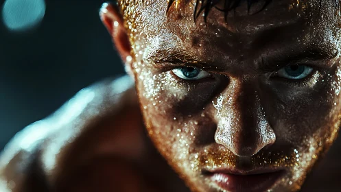 High-intensity athlete portrait in dramatic close-up lighting.