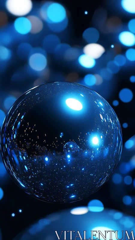 Glowing blue sphere reflects dense bokeh lights in darkness