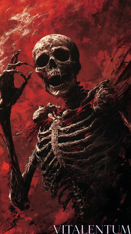 Burning skeletal figure rises within swirling red smoke