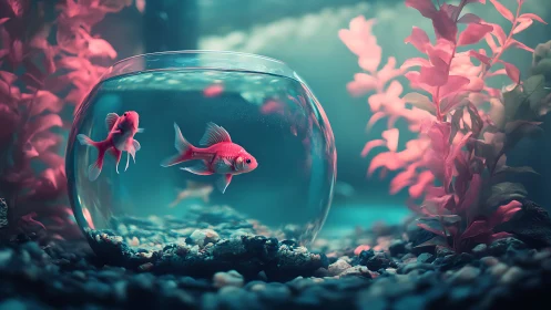 Shallow depth goldfish bowl with teal-pink bokeh lighting study