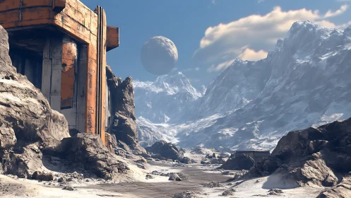 Rust-streaked outpost overlooks a frozen alien valley under twin skies