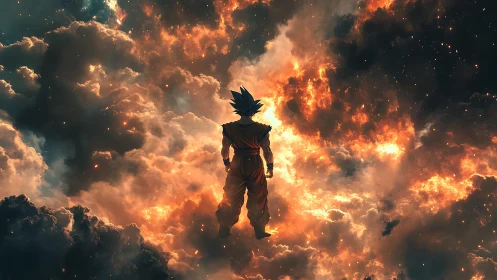 Fiery sky warrior drifts calmly among glowing storm clouds