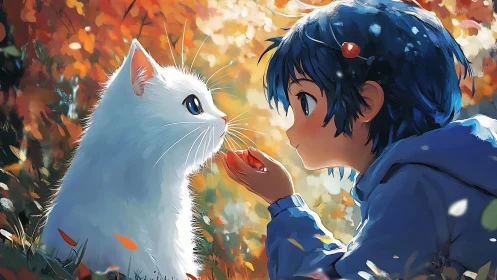 Anime autumn child and white cat in intimate close-up tableau.
