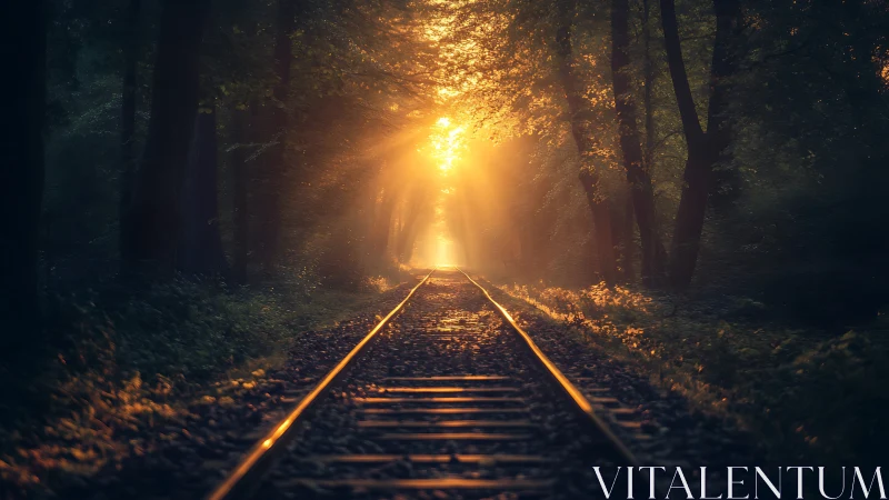 Sunlit forest railway vanishing into glowing mist.