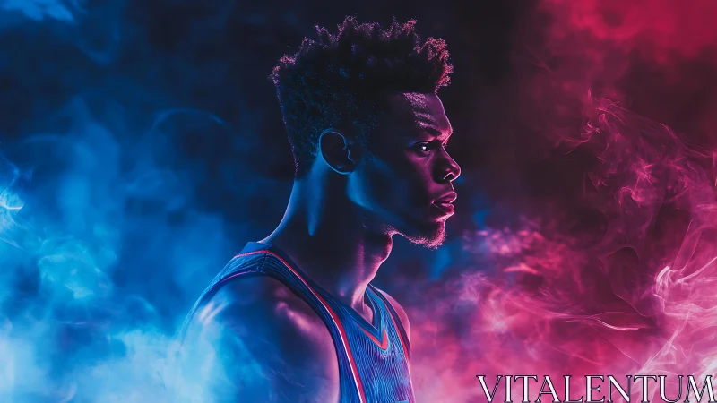 Basketball player profile in dual colored smoke environment.