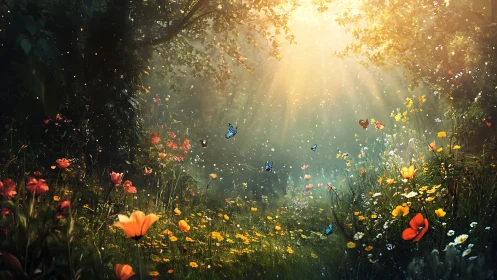 Sunlit forest clearing with wildflowers and butterflies.