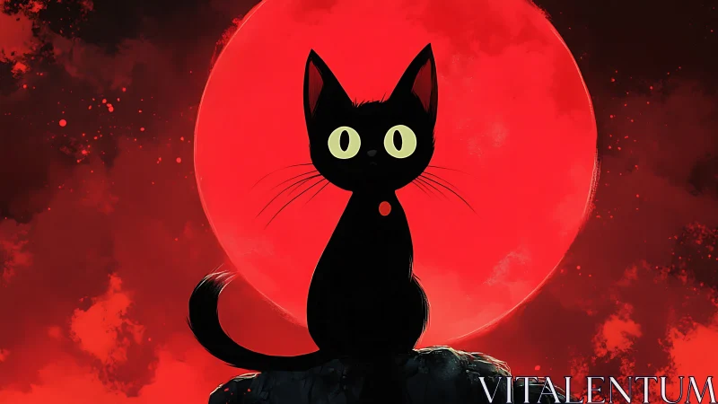 Black silhouette cat against scarlet lunar backdrop.