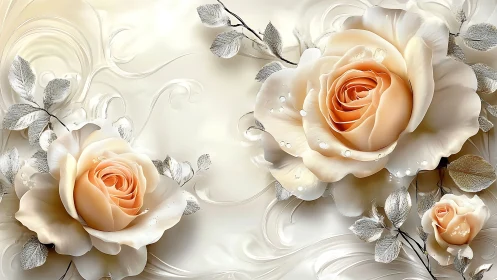 Volumetric 3D Rendered Peach Roses with Procedural Metallic Foliage and Caustic Lighting