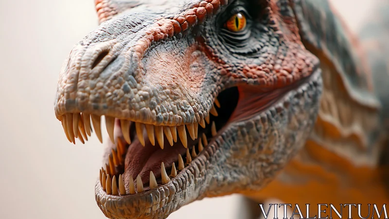 Detailed close-up of predatory dinosaur head and teeth.